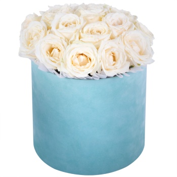 Букет из 19 белых роз premium в зеленой бархатной шляпной коробке