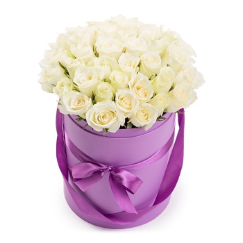 35 белых роз 40 см в шляпной коробке