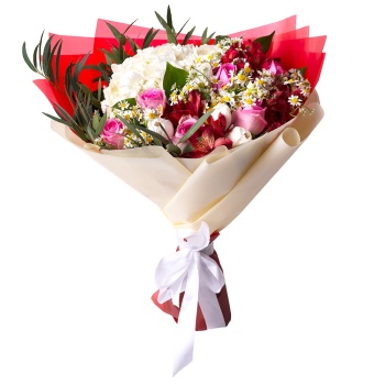 Букет из роз, гортензии и альстромерий