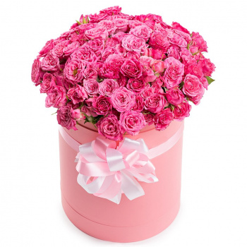 35 кустовых розовых роз в шляпной коробке
