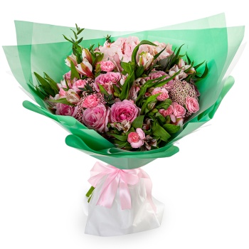 Букет из роз, гвоздик и гортензий