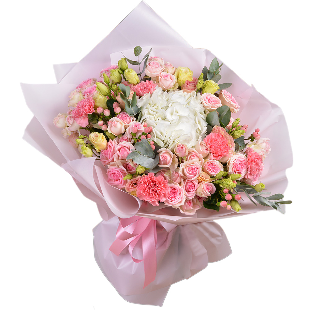 Букет из гортензии, гвоздик и кустовых роз