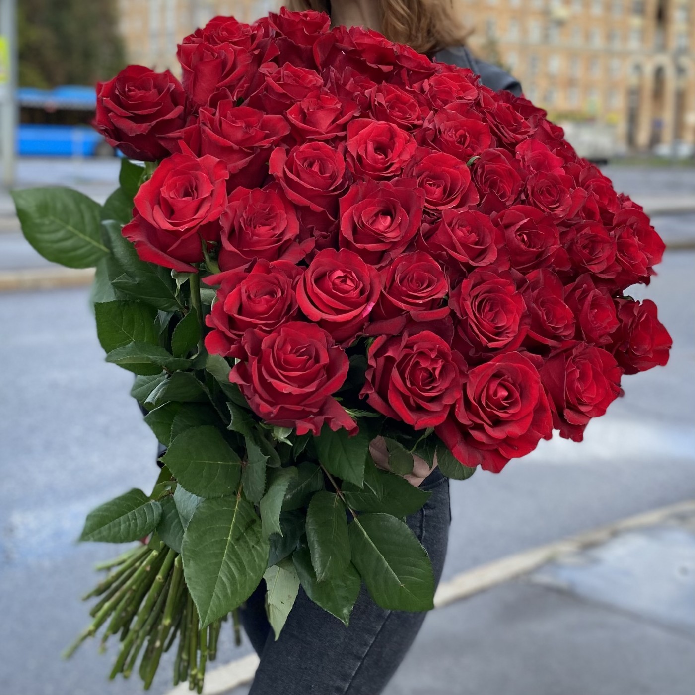 51 красная роза Premium 80 см