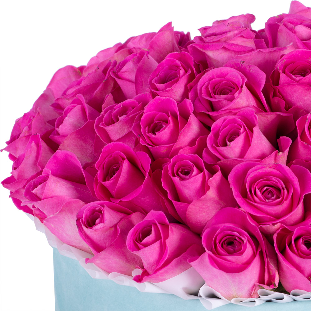 Букет из 51 розовой розы в зеленой бархатной шляпной коробке