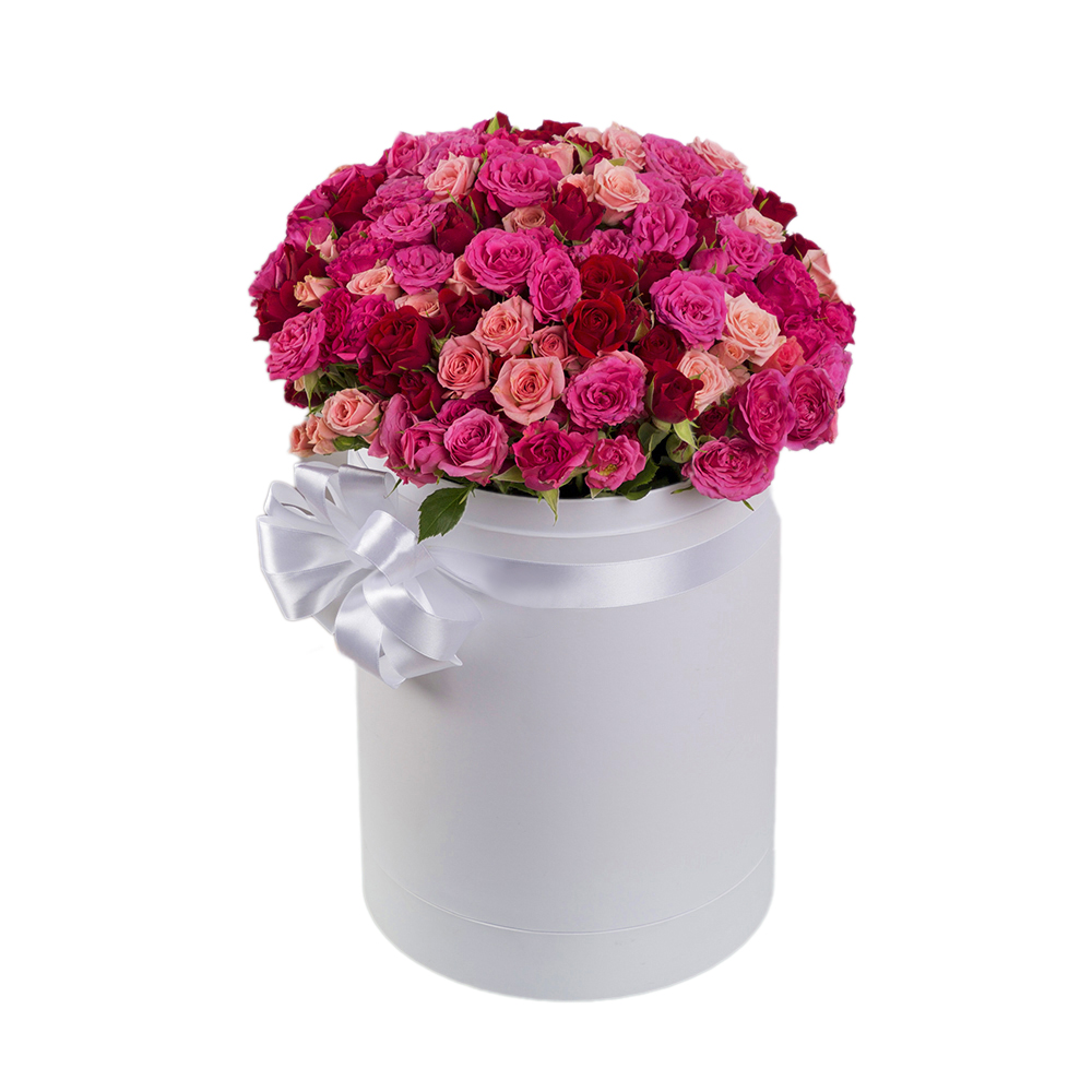 35 кустовых роз в шляпной коробке