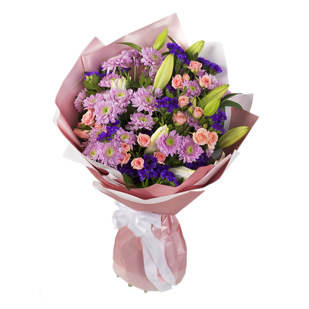 Букет из лилий, хризантем, фисташек и роз