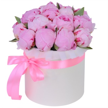 Букет из 19 розовых пионов в кремовой шляпной коробке