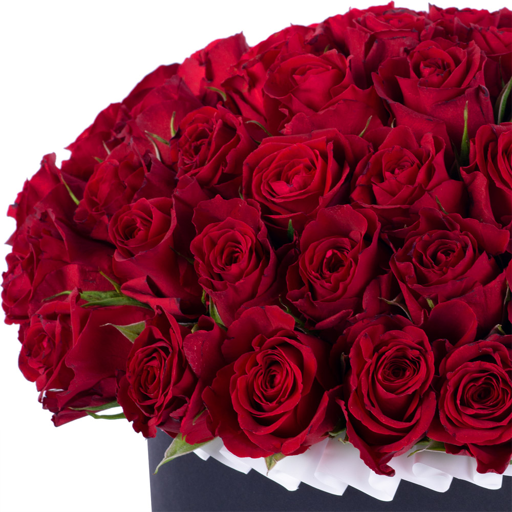 51 красная роза в черной шляпной коробке