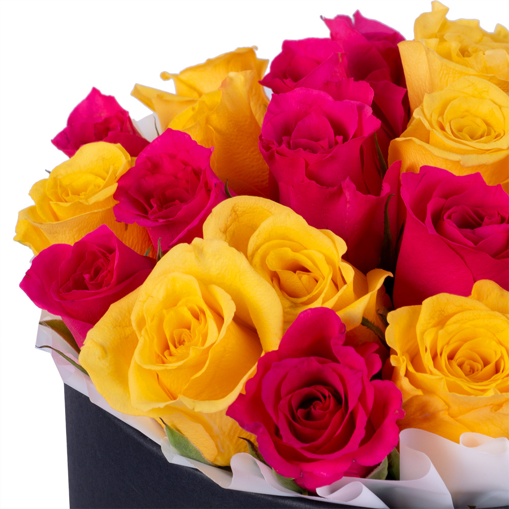 25 разноцветных роз в черной шляпной коробке