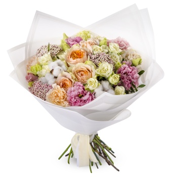 Букет с кустовой розой и хлопком