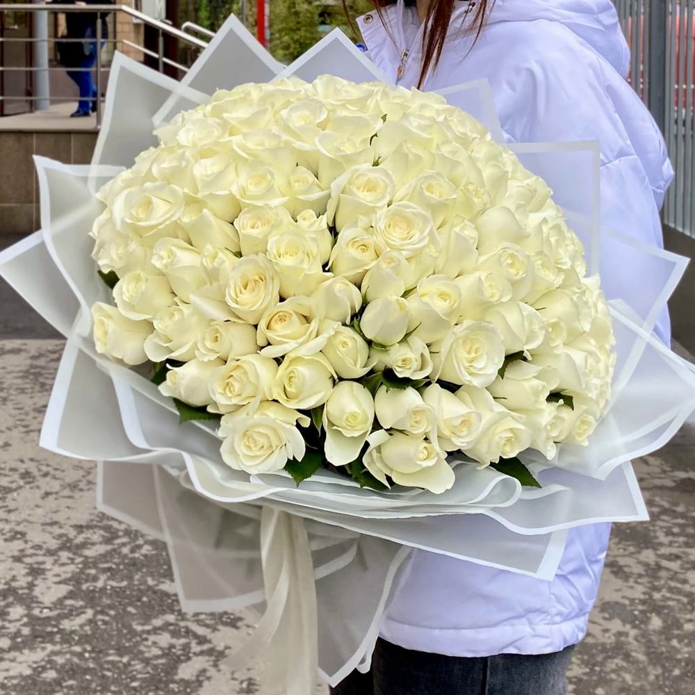 Букет из 101 белой розы 50 см