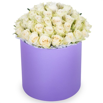 Букет из 75 белых роз в фиолетовой шляпной коробке