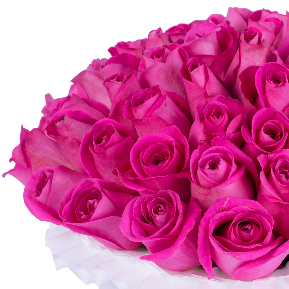 Букет из 35 розовых роз в белой шляпной коробке