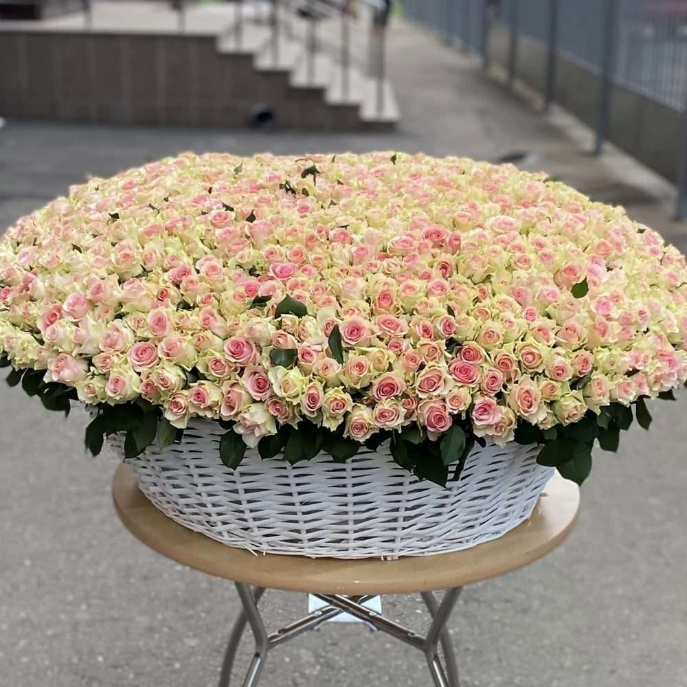 1001 нежно-розовая роза в корзине