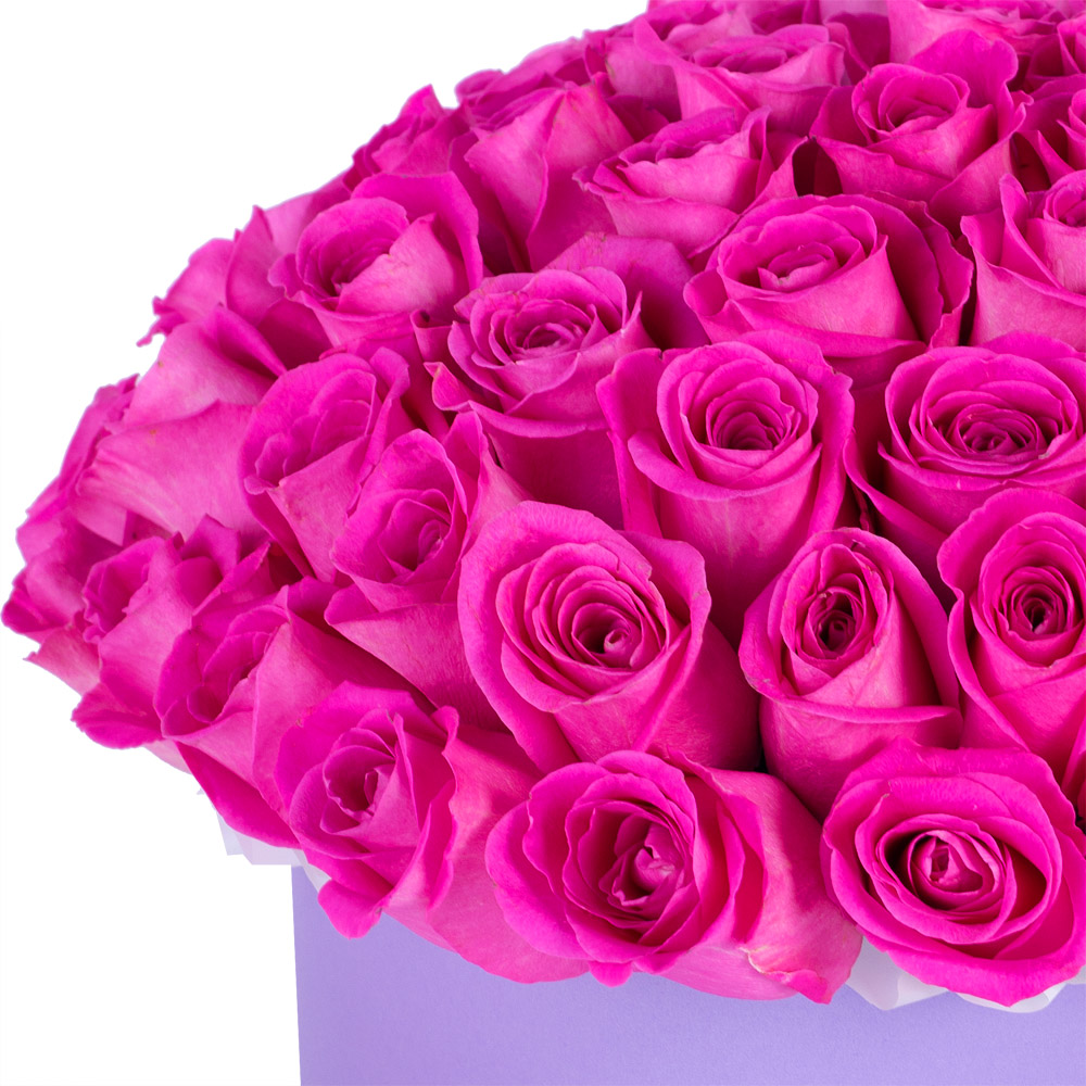 Букет из 75 розовых роз в фиолетовой шляпной коробке