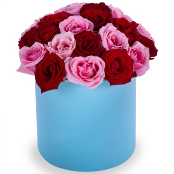 Букет из 35 разноцветных роз premium в голубой шляпной коробке