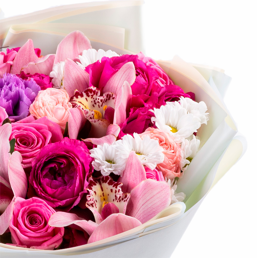 Букет из роз, сантини и орхидеи