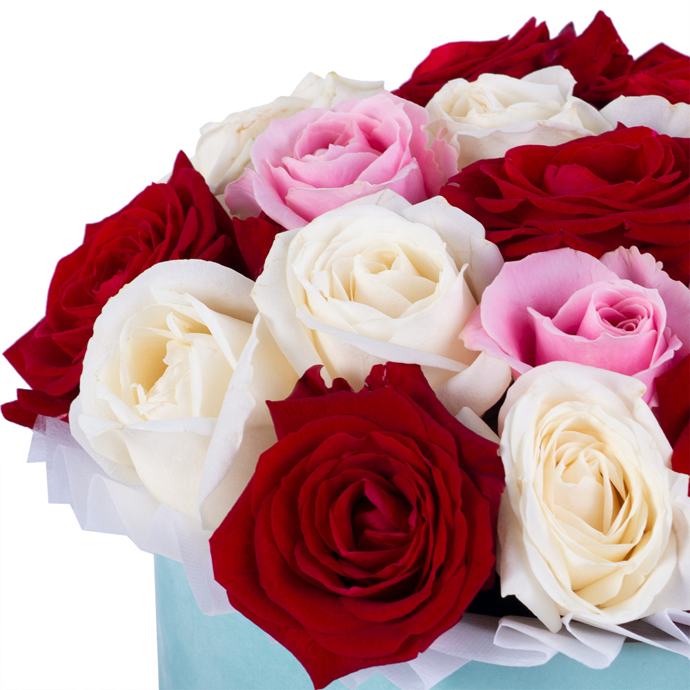 Букет из 19 разноцветных роз premium в зеленой бархатной шляпной коробке