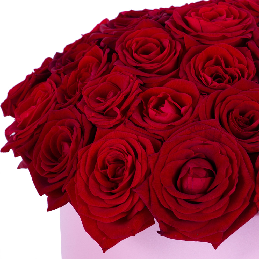 Букет из 35 красных роз premium в розовой шляпной коробке