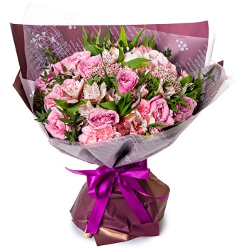 Букет с розами, диантусами и альстромериями