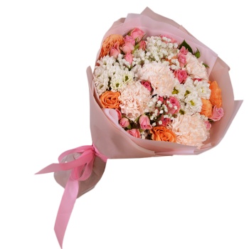 Букет из гипсофил, роз и гвоздик