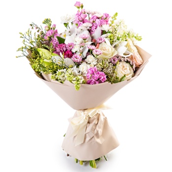 Букет из роз охаро, сирени, гвоздик и лимониума