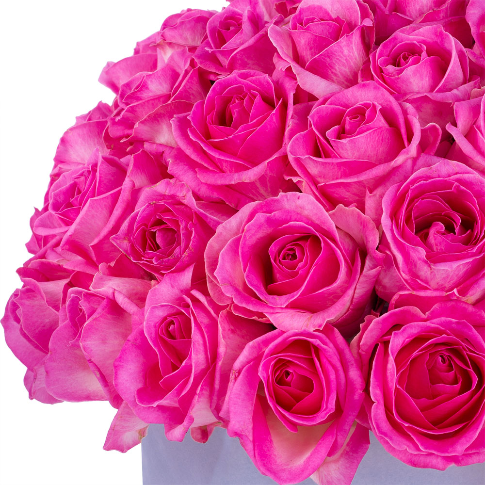 Букет из 51 малиновой розы premium в серой бархатной шляпной коробке