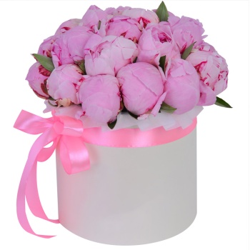 Букет из 21 розового пиона в кремовой шляпной коробке